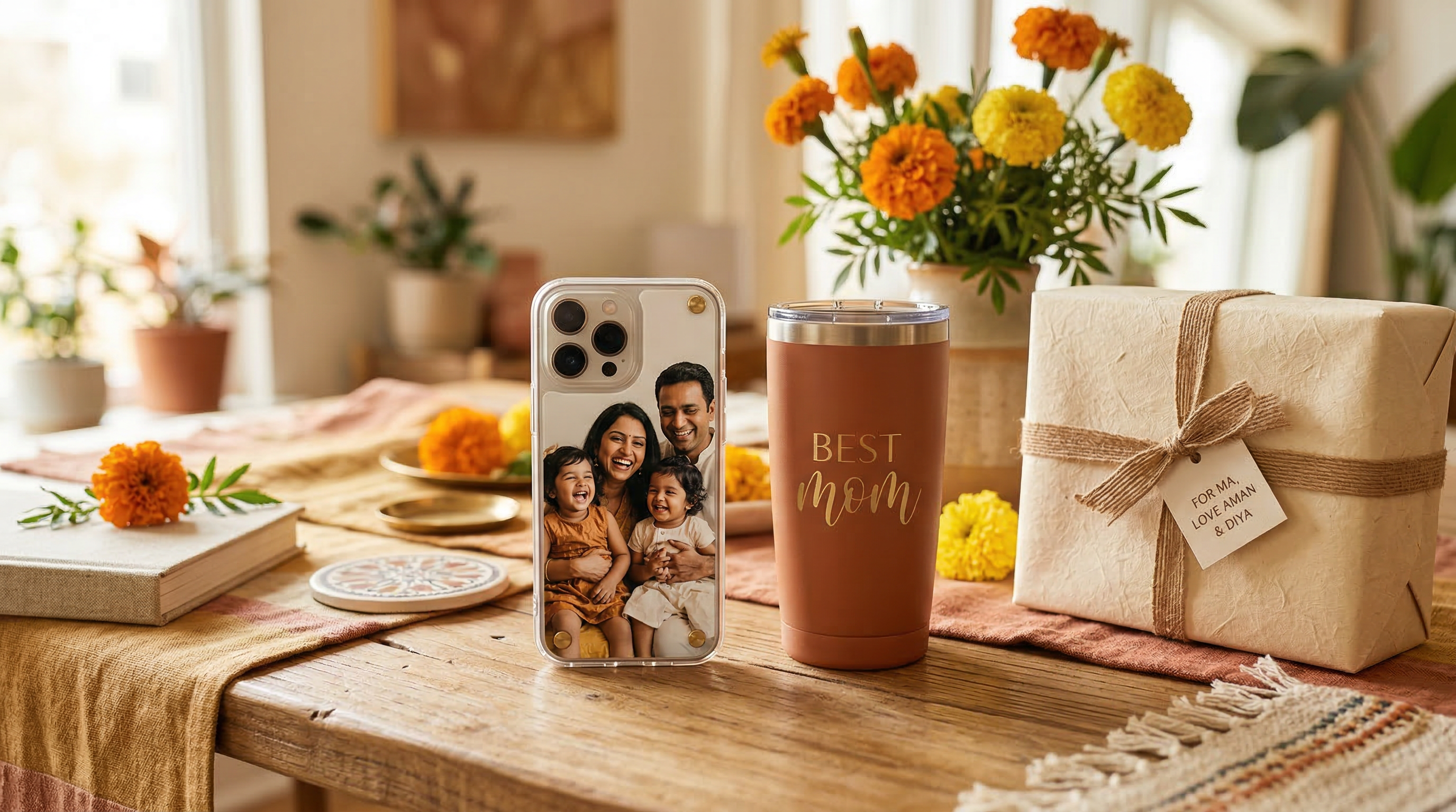 Personalized mothers day gifts india 2026, custom phone case with family photo and gift wrapping on warm wooden table
