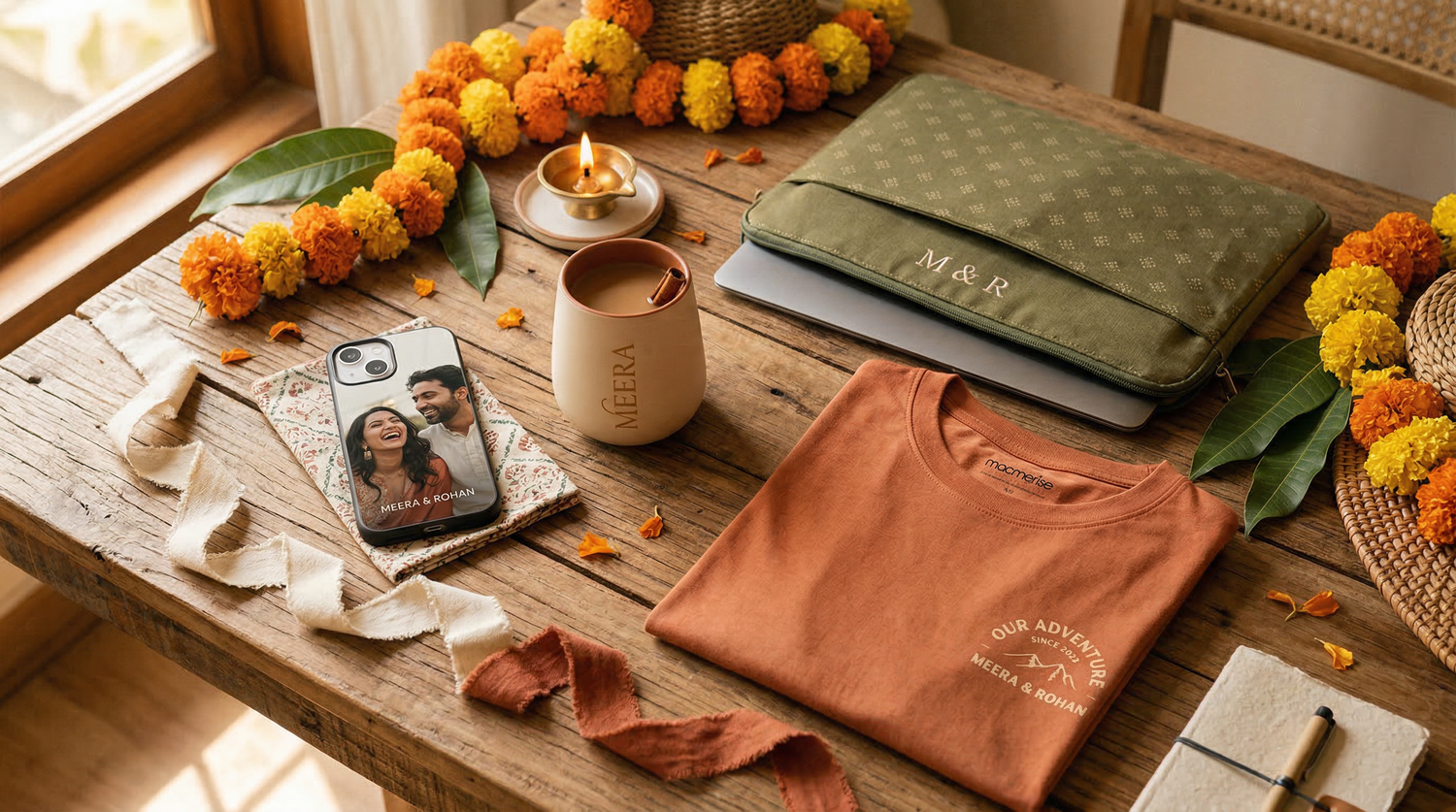 Personalized gifts India - custom phone case, tumbler, laptop sleeve and t-shirt arranged on wooden table with marigold flowers