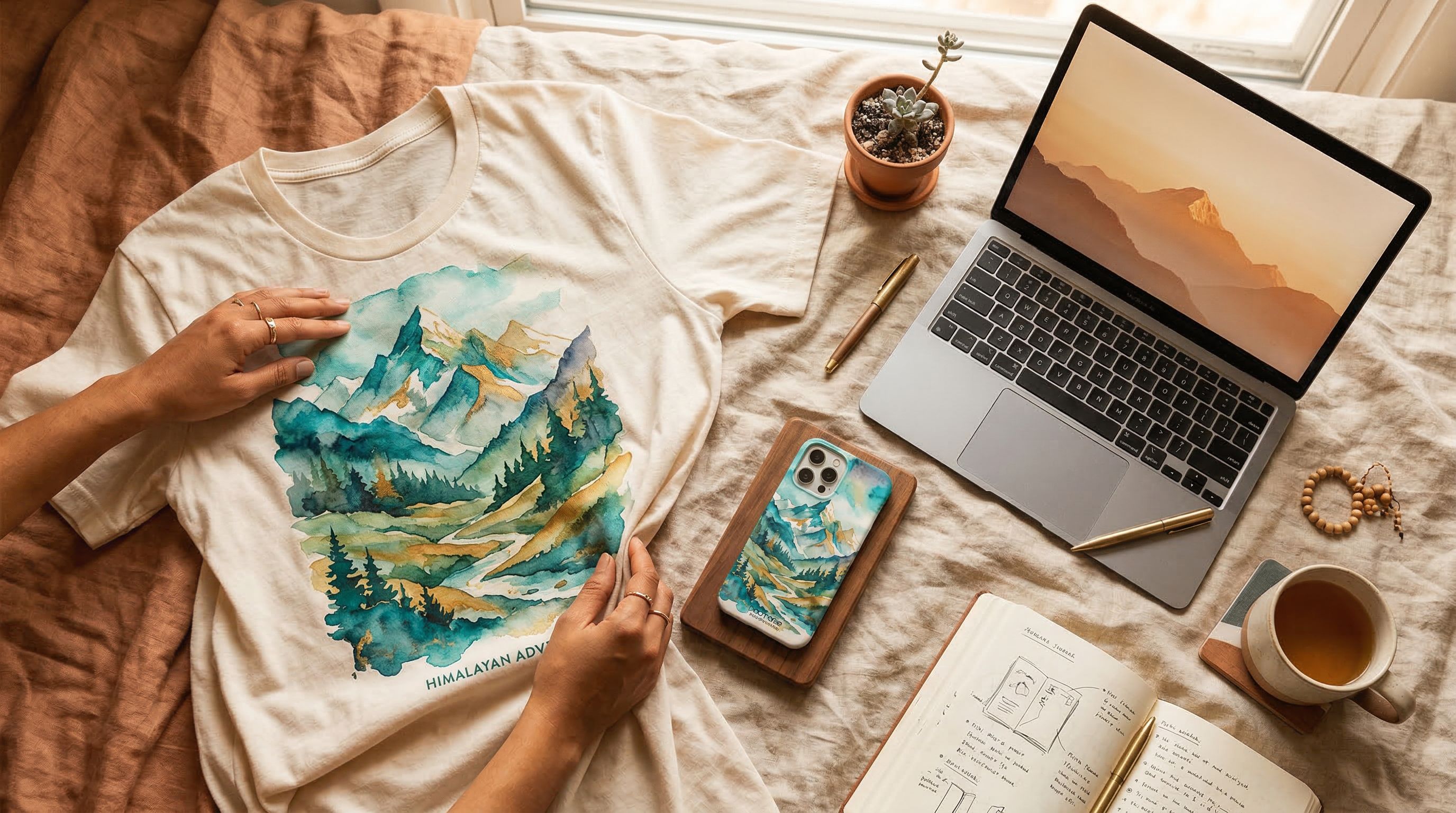 Custom t-shirt with watercolor mountain design alongside a matching Macmerise phone case on a linen surface
