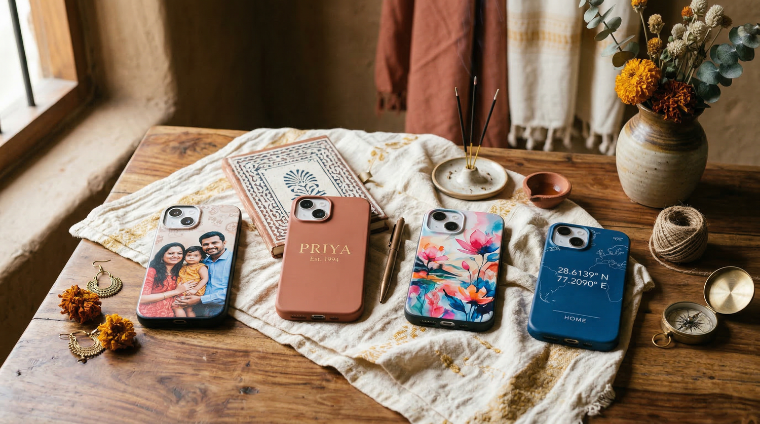Custom phone cases India showing photo, text, AI design, and map personalization options on premium Macmerise cases