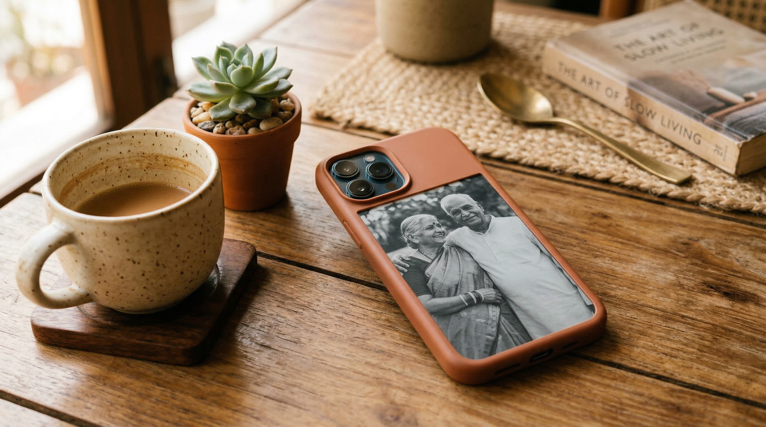 E-ink phone case on iPhone displaying a custom black and white photograph, resting on a warm wooden surface - Macmerise