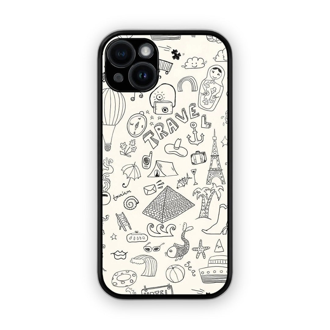Travel Doodle White Glass iPhone Case for iPhone 14 Plus | Macmerise