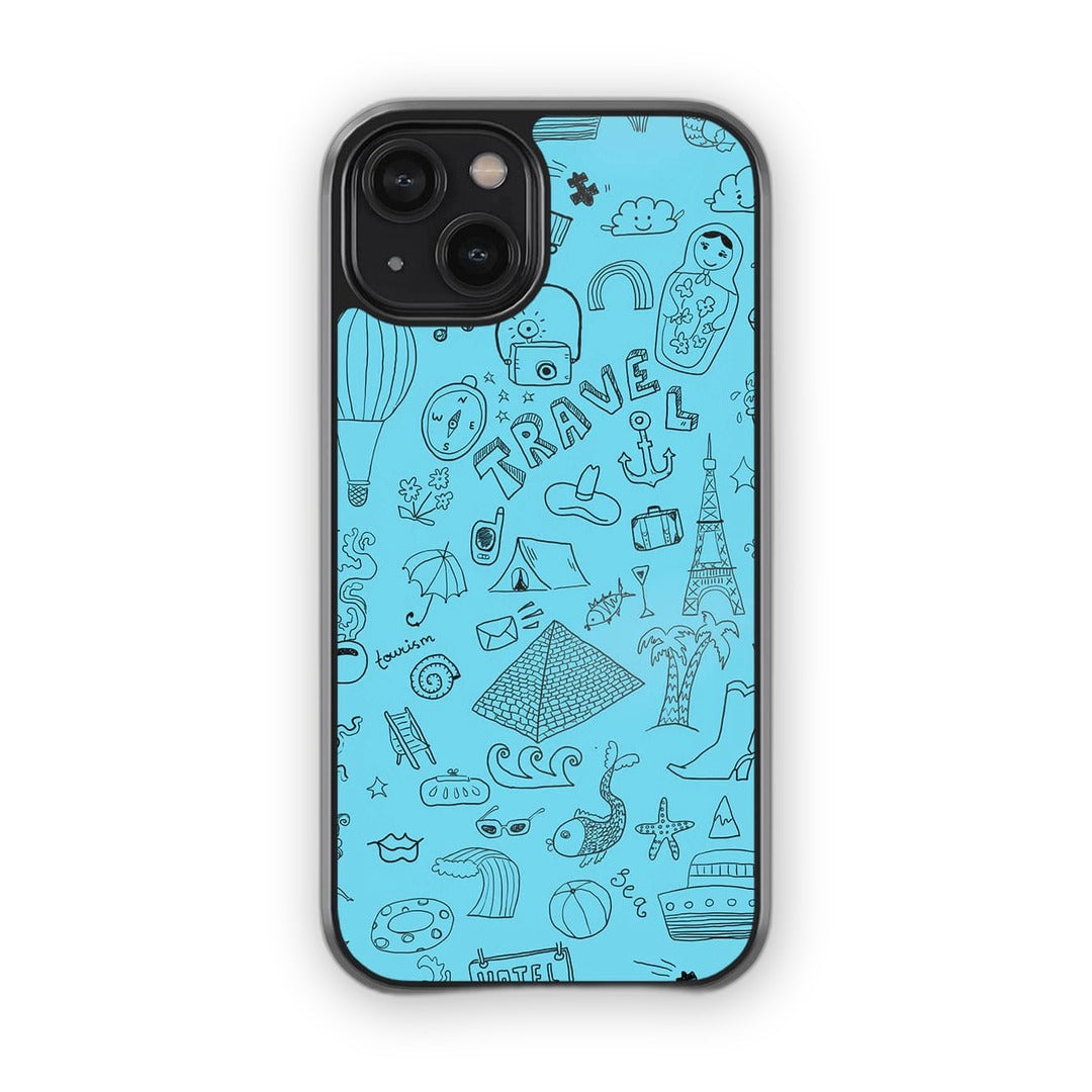 Travel Doodle Blue Glass iPhone Case for iPhone 14 | Macmerise