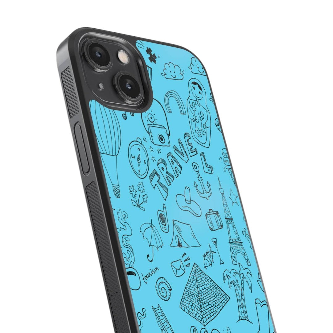 Travel Doodle Blue Glass iPhone Case for iPhone 14 | Macmerise