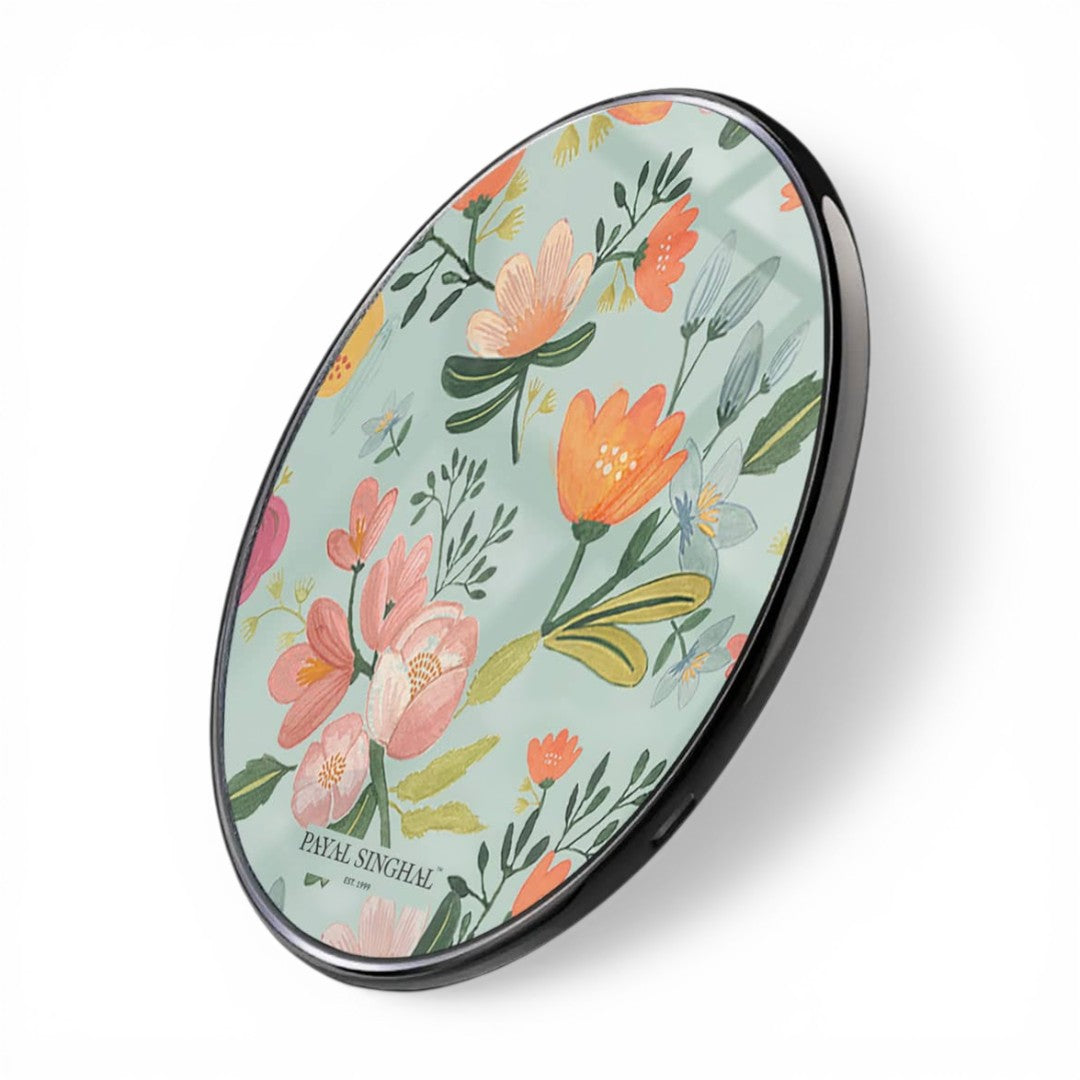 Payal Singhal Aqua Handpainted Flower Wireless Charger 15w Glass | Macmerise