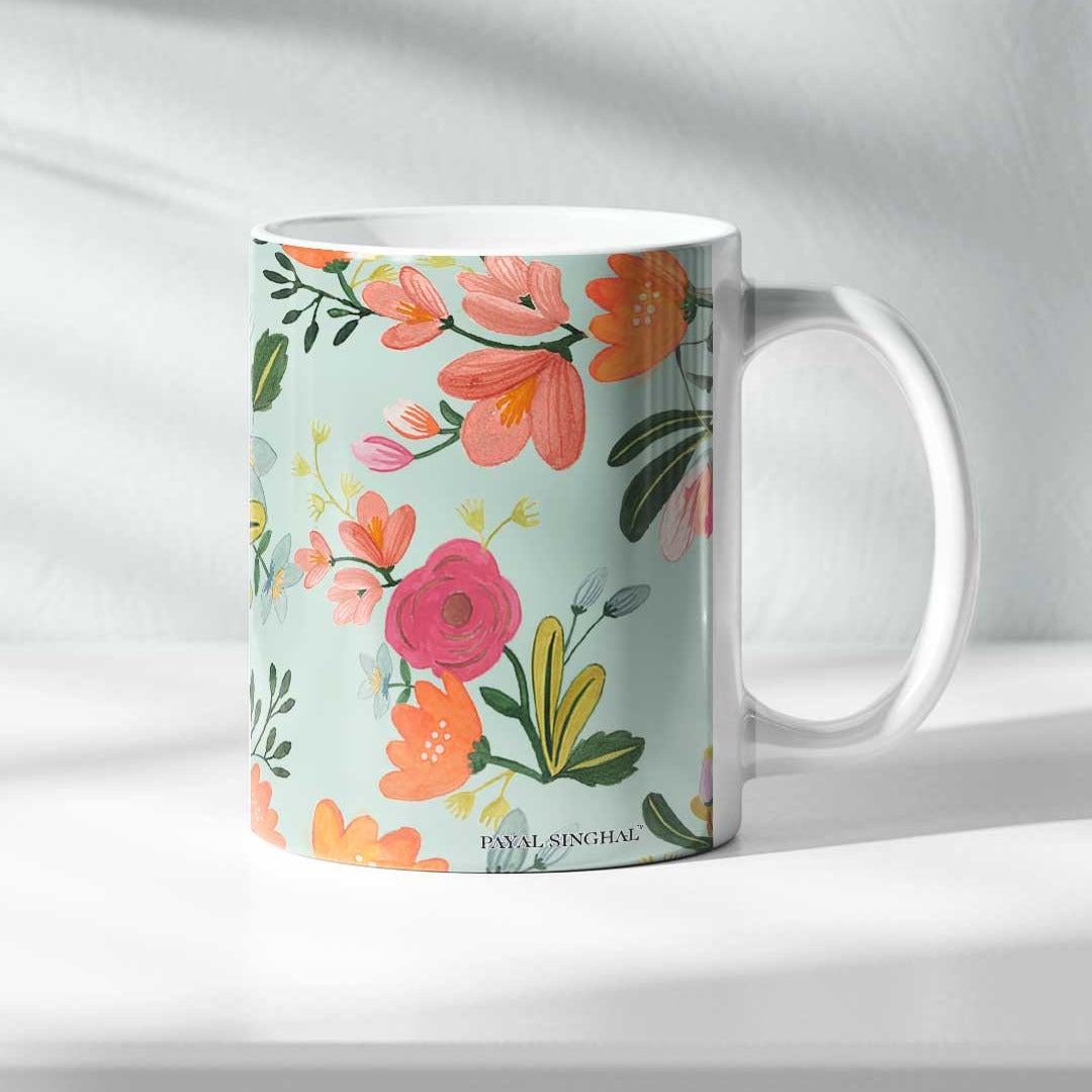 Payal Singhal Aqua Handpainted Flower Coffee Mug | Macmerise