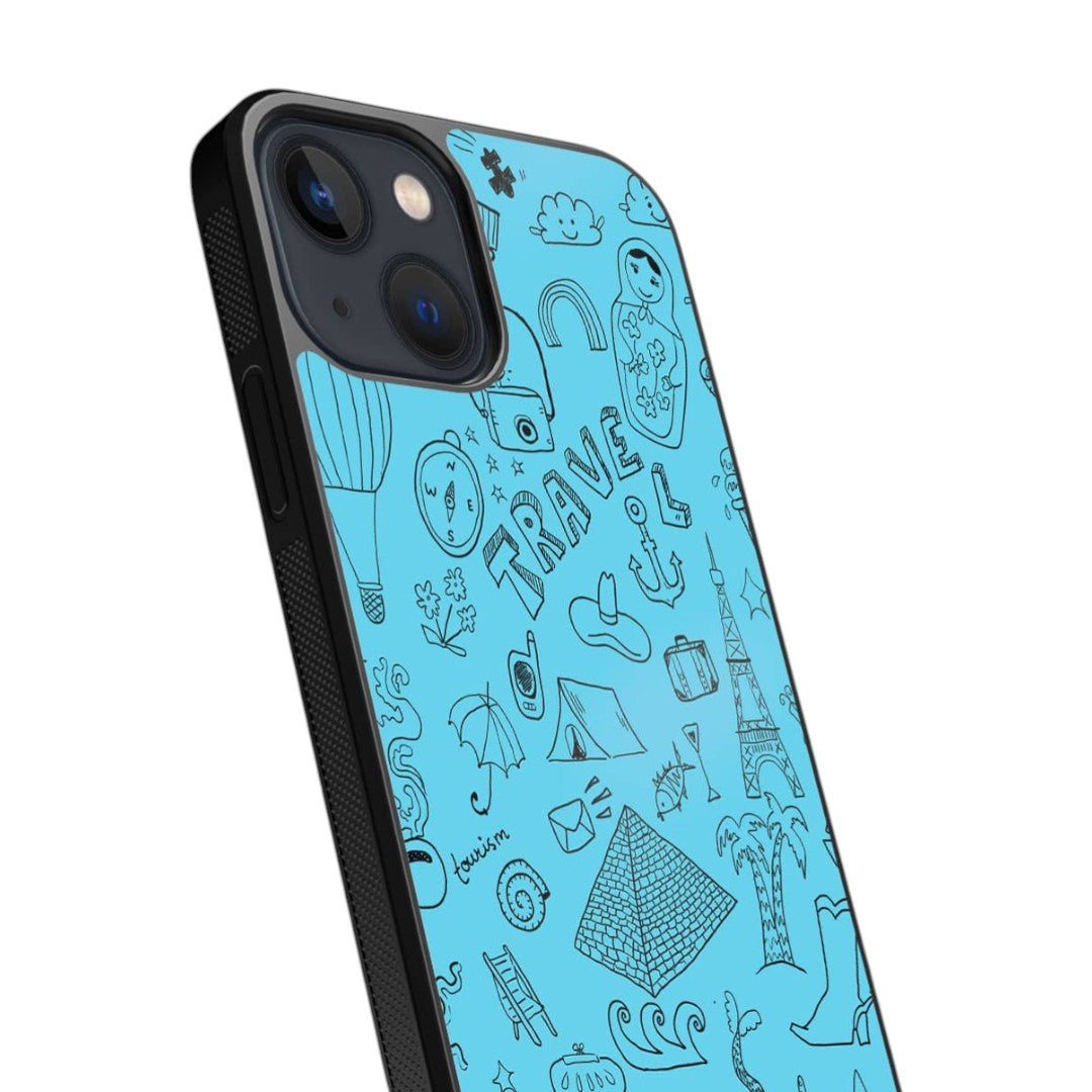 Travel Doodle iPhone 13 Mini Cover Blue - back view | Macmerise