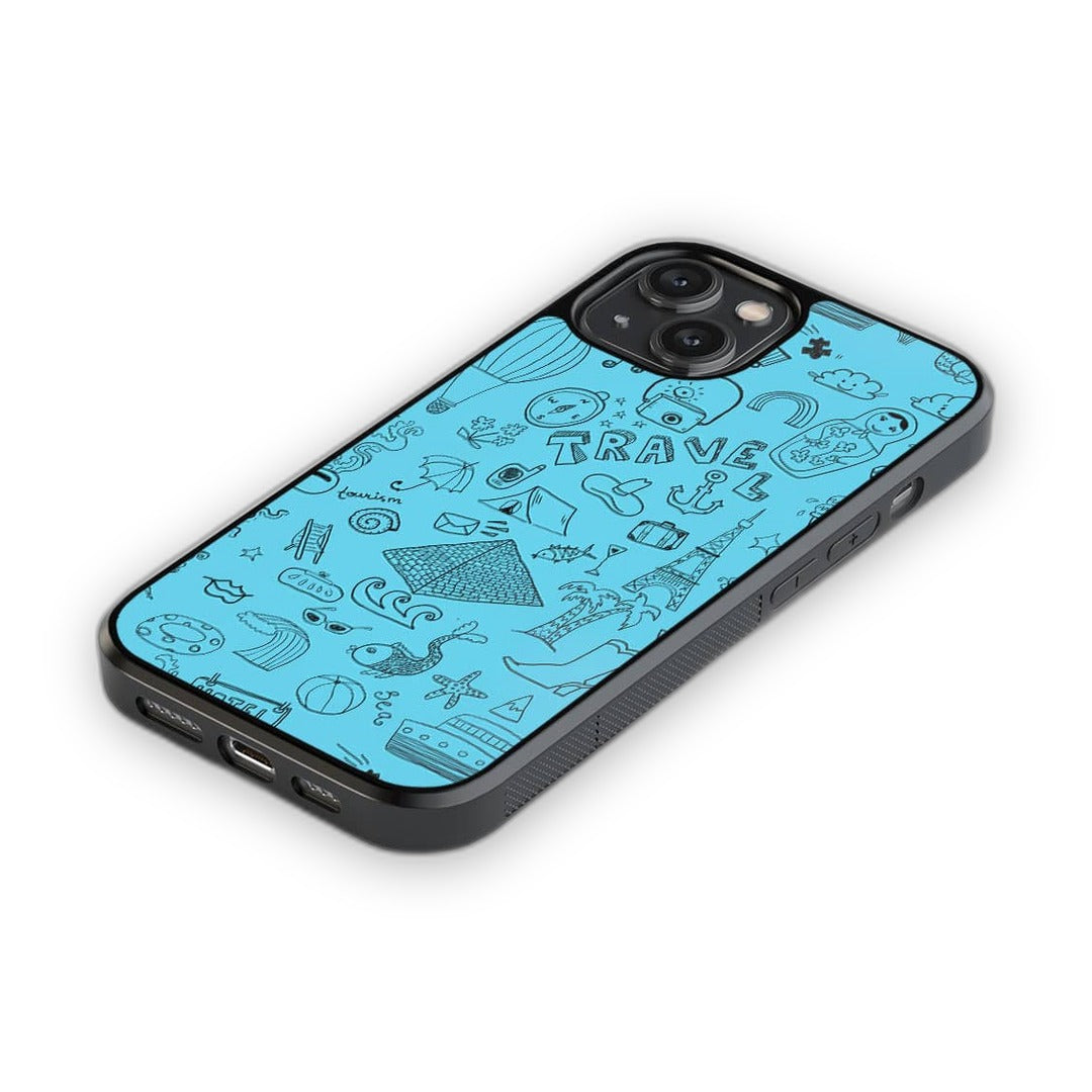 Travel Doodle Blue Glass iPhone Case for iPhone 14 | Macmerise