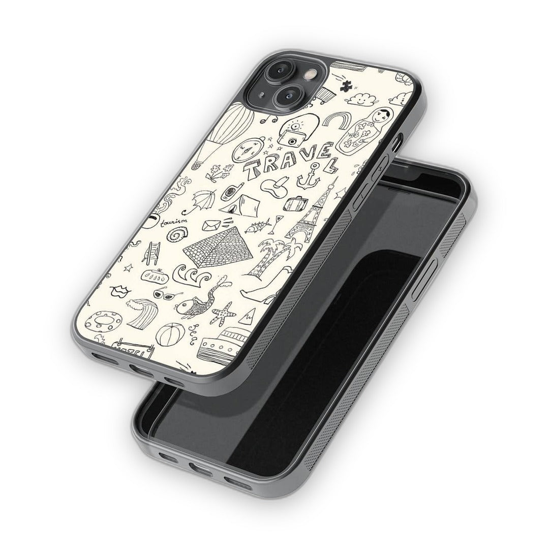 Travel Doodle White Glass iPhone Case for iPhone 14 Plus | Macmerise