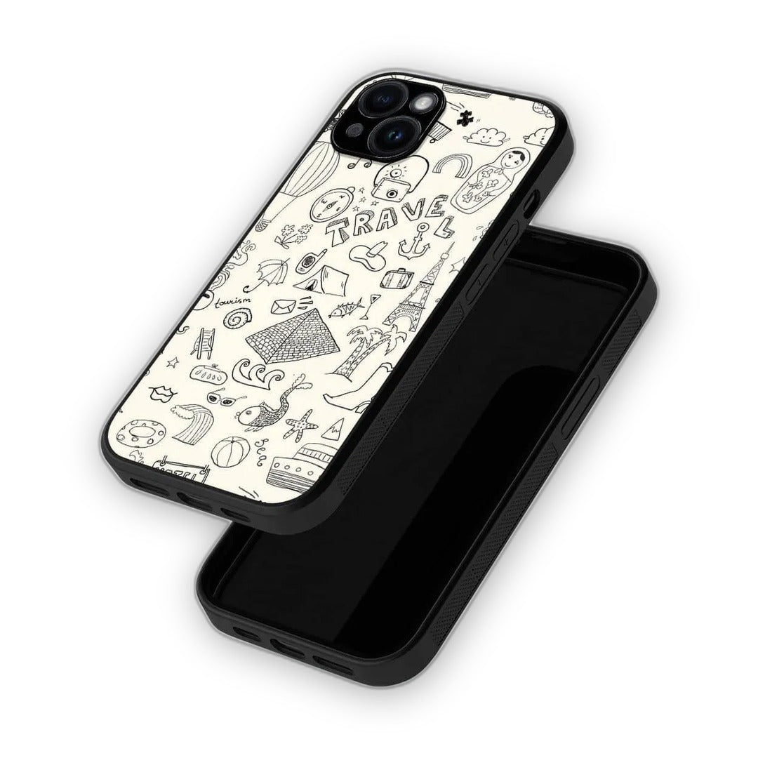 Travel Doodle White Glass iPhone Case for iPhone 14 Plus | Macmerise