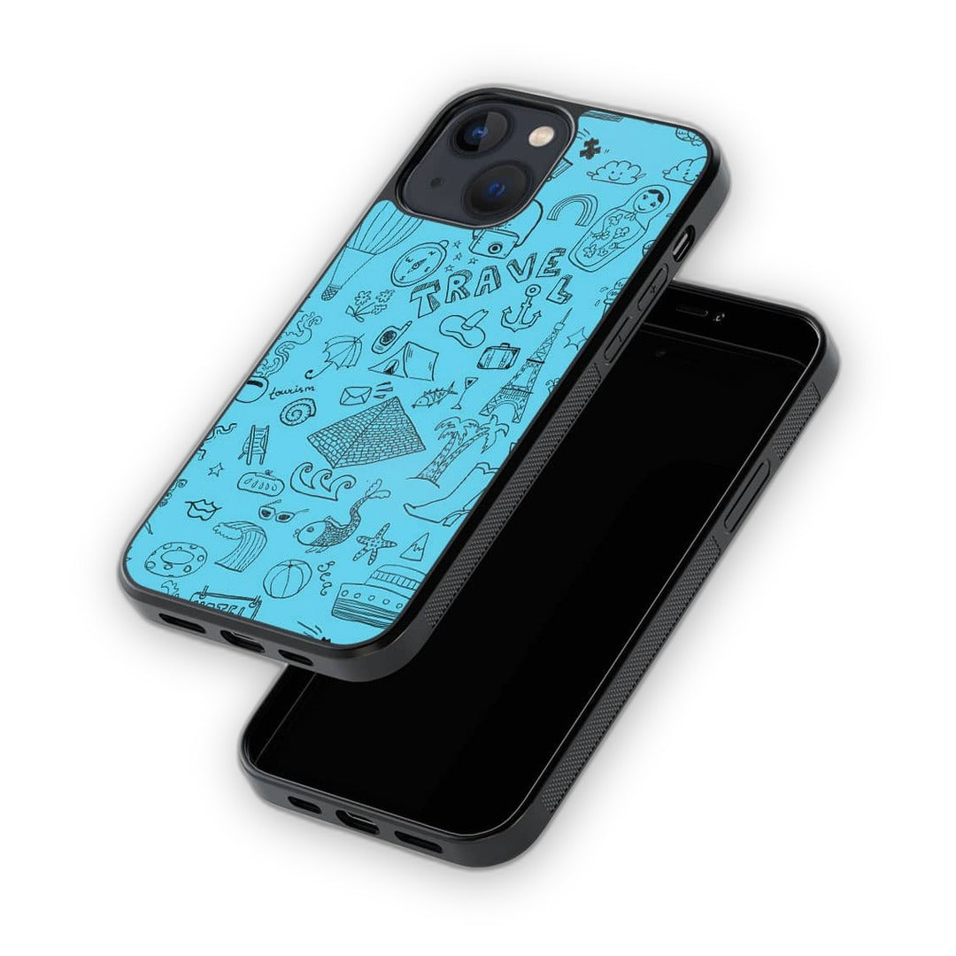 Travel Doodle iPhone 13 Mini Cover Blue - detail view | Macmerise
