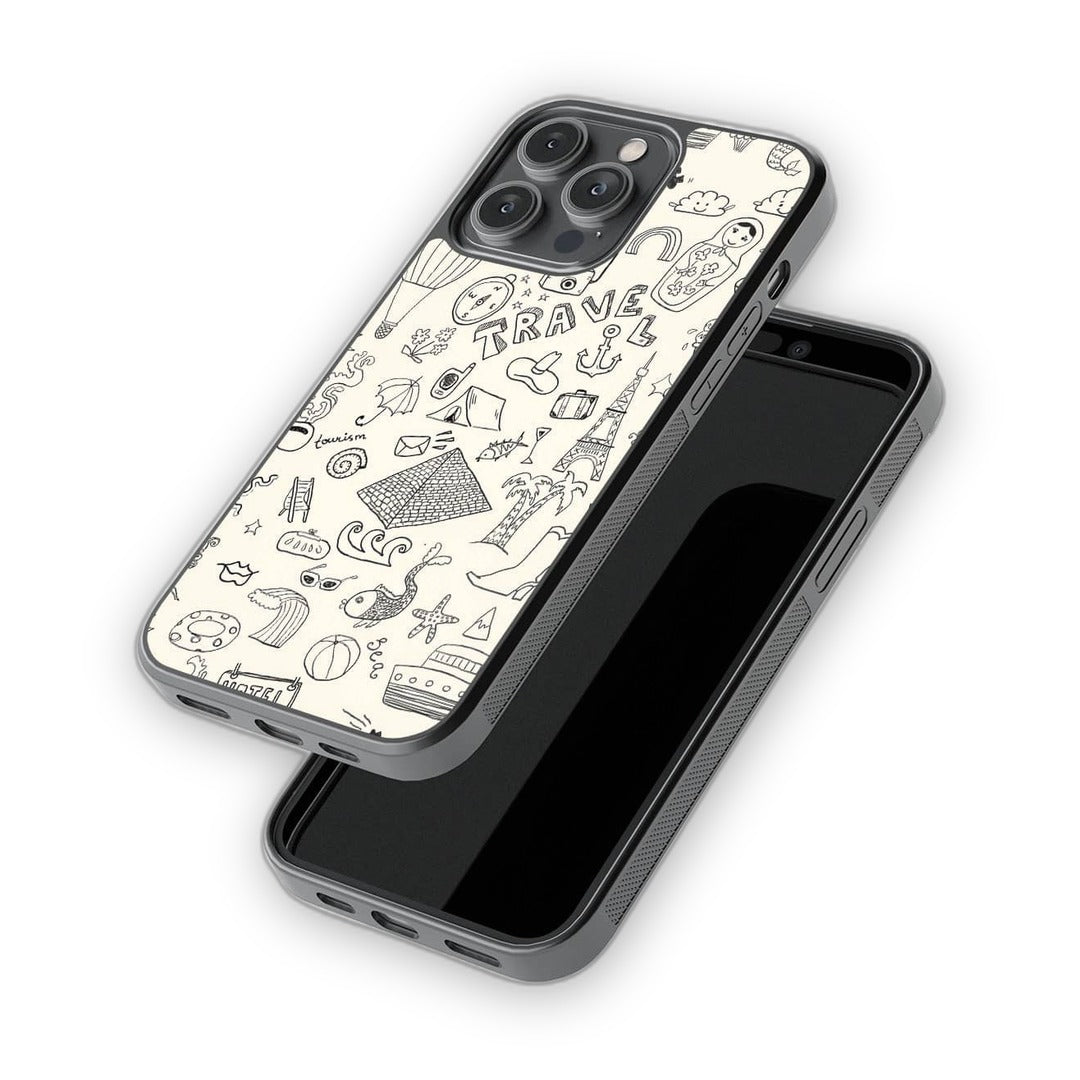 Travel Doodle White Glass iPhone Case for iPhone 14 Pro Max | Macmerise