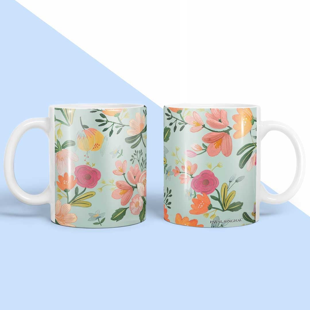 Payal Singhal Aqua Handpainted Flower Coffee Mug | Macmerise