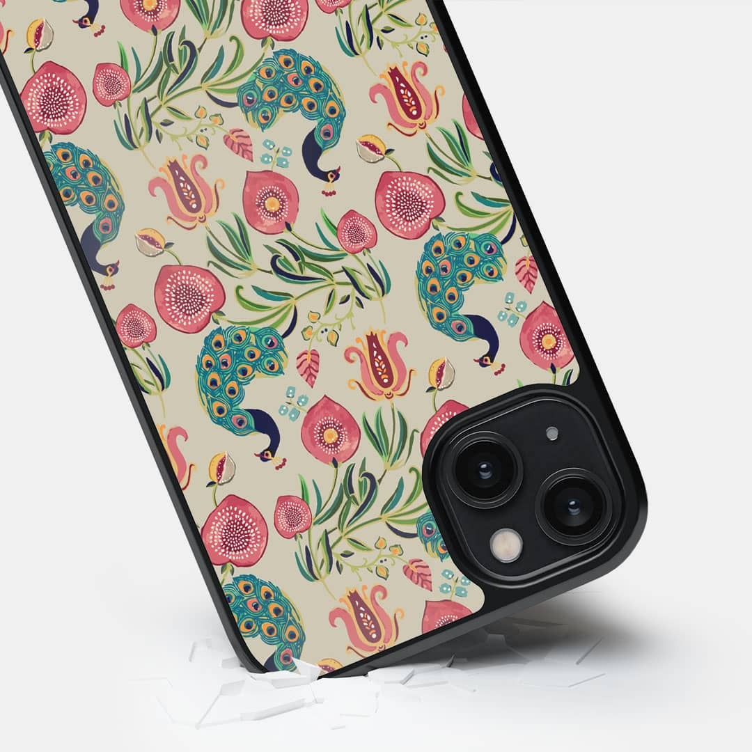 Payal Singhal Anaar and Mor Beige Glass iPhone Case for iPhone 14 Plus | Macmerise