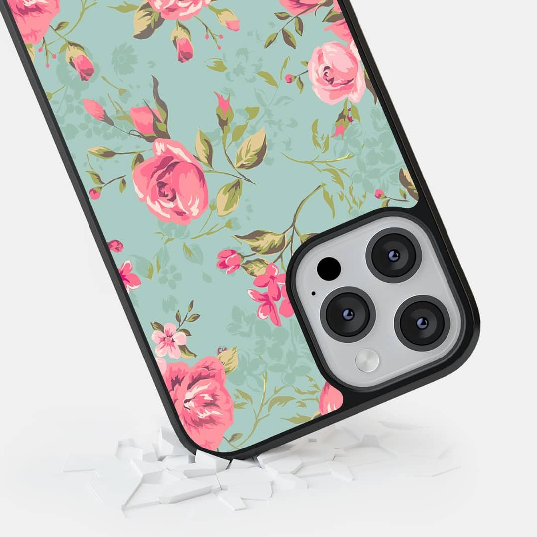 Teal Pink Flowers Glass iPhone Case for iPhone 12 Pro | Macmerise