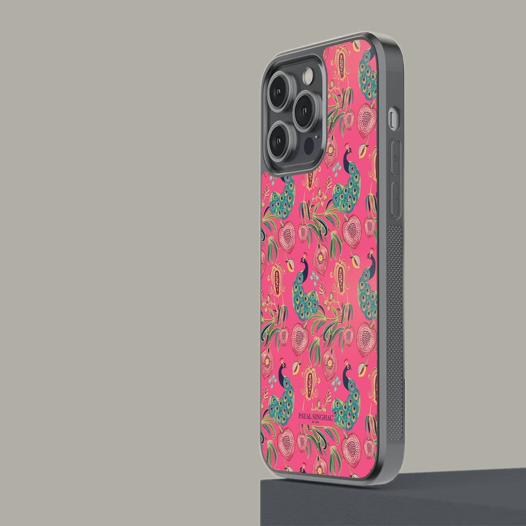 Payal Singhal Anaar and Mor Pink Glass iPhone Case for iPhone 14 Pro Max | Macmerise
