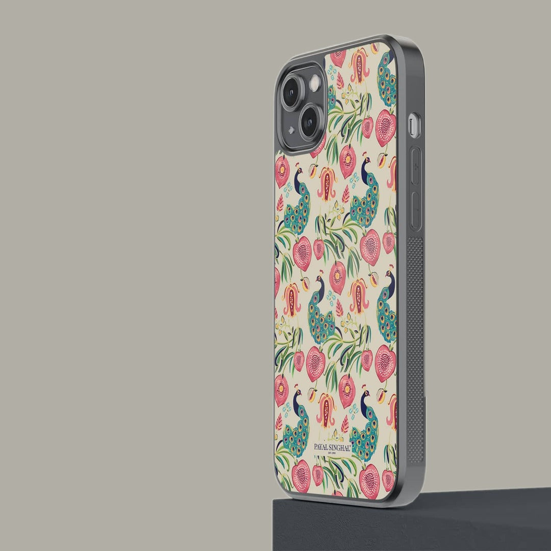 Payal Singhal Anaar and Mor Beige Glass iPhone Case for iPhone 14 Plus | Macmerise