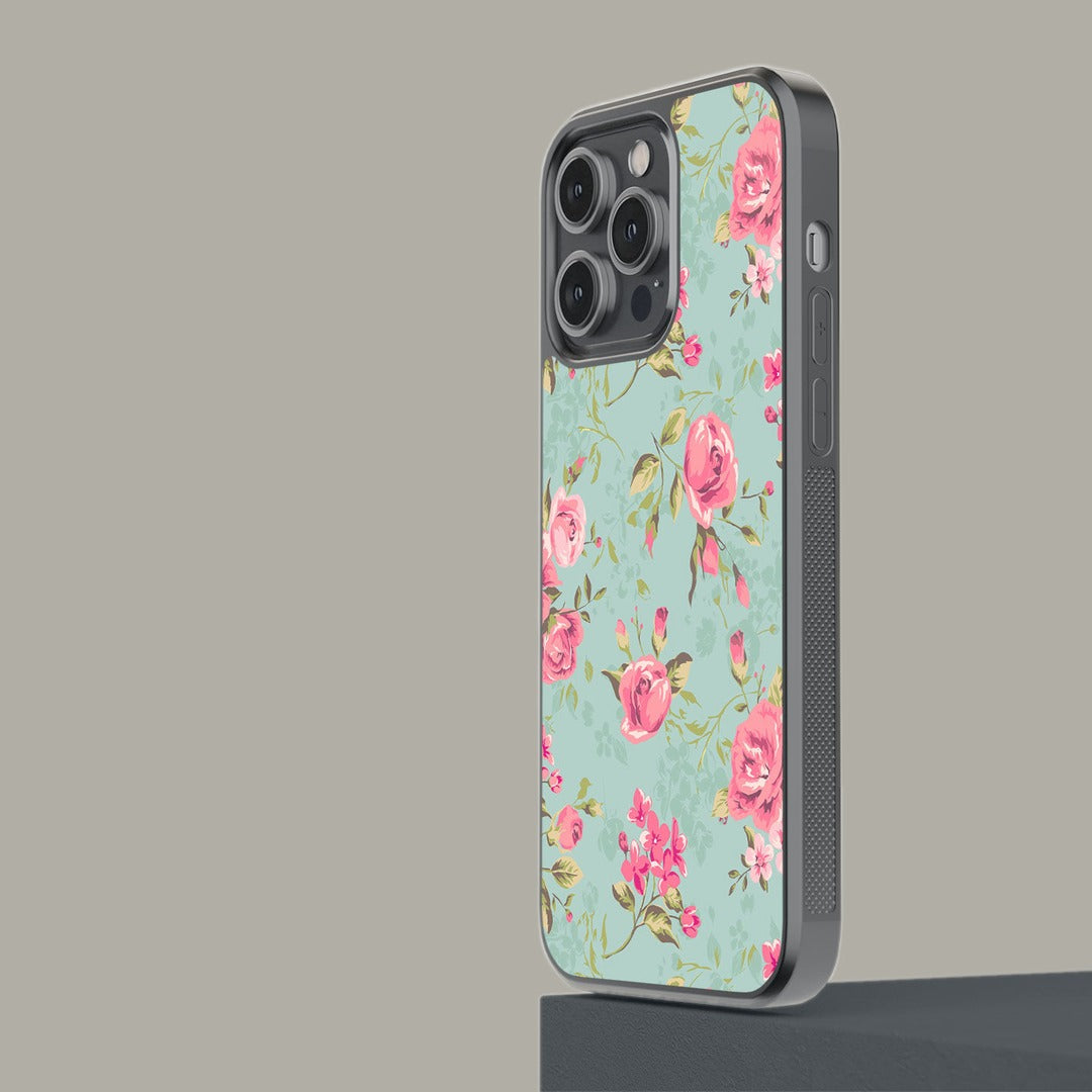 Teal Pink Flowers Glass iPhone Case for iPhone 14 Pro Max | Macmerise