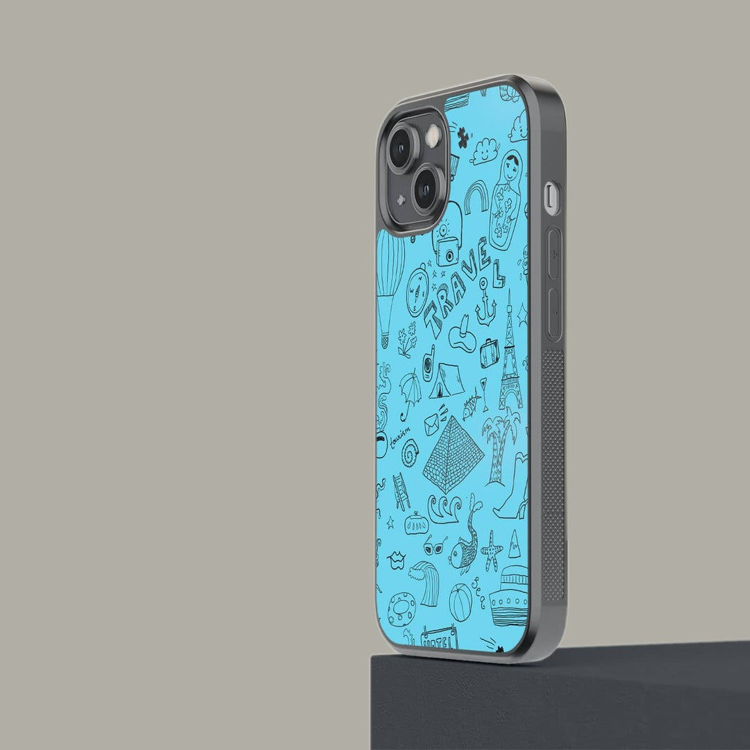 Travel Doodle Blue Glass iPhone Case for iPhone 14 | Macmerise