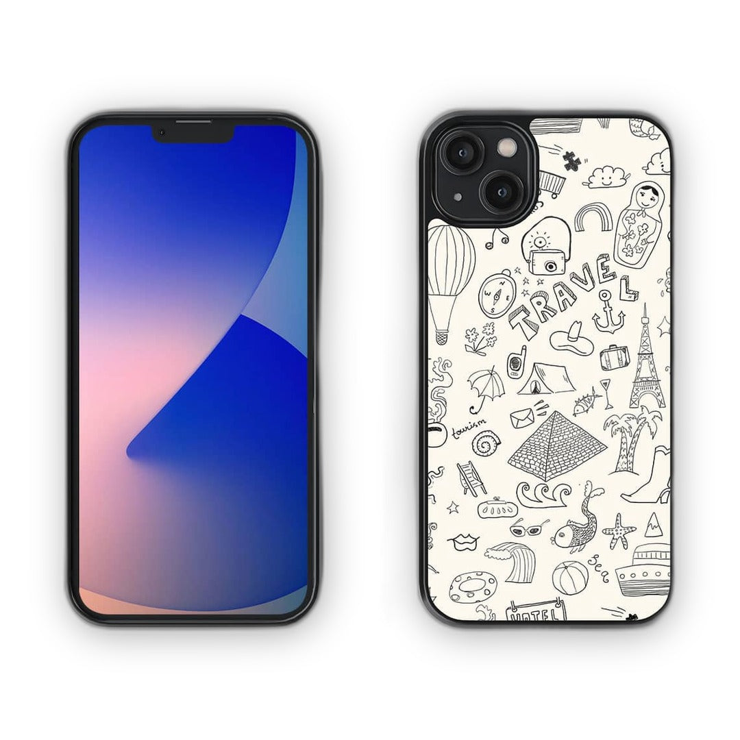Travel Doodle White Glass iPhone Case for iPhone 14 Plus | Macmerise