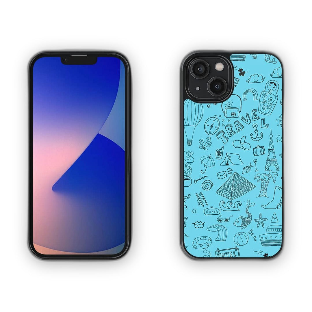 Travel Doodle Blue Glass iPhone Case for iPhone 14 | Macmerise