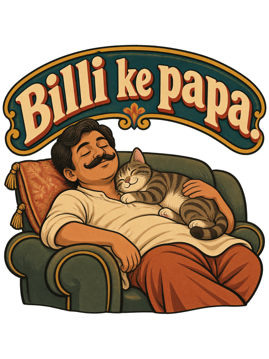 Fat arched hand-painted signboard lettering reading Billi ke papa in deep teal with red and mustard shadowing, above a flat painted scene of a moustached man asleep on a sofa with a tabby cat asleep on his chest, both drawn with the same contented closed-eye face, cream ground with bold black outlines throughout (the design)