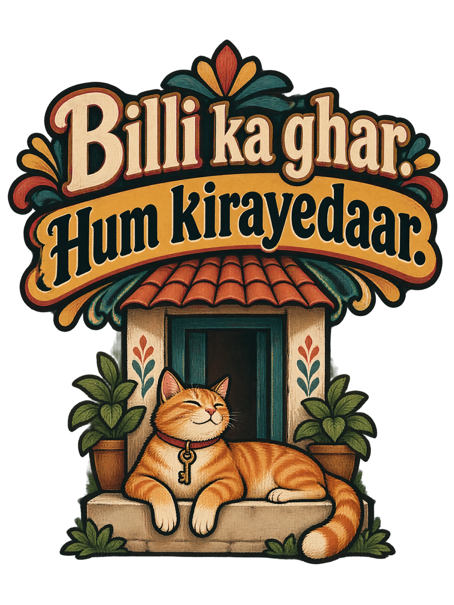 Two big lines of old Indian hand-painted signboard lettering reading Billi ka ghar and Hum kirayedaar in mustard yellow and deep teal, above a small flat painted house shape with an orange cat lounging across the doorstep like the owner and a house key hanging from its collar, red and cream fills with bold black outlines (the design)