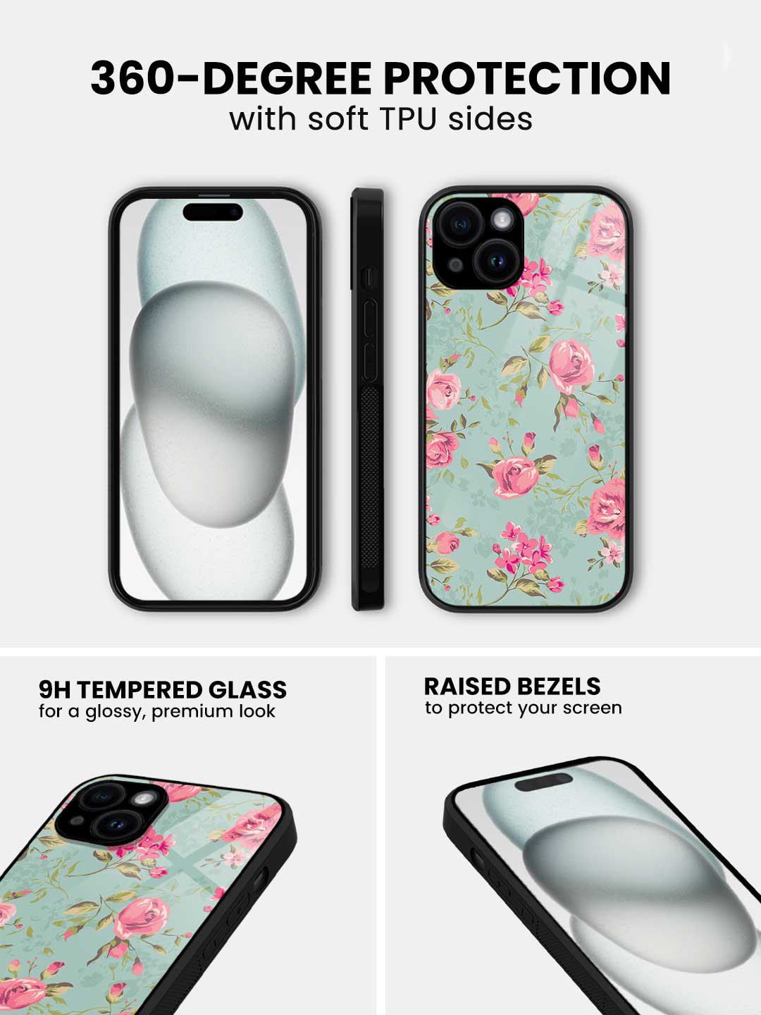 Teal Pink Flowers - iPhone 13 Mini Glass Cover