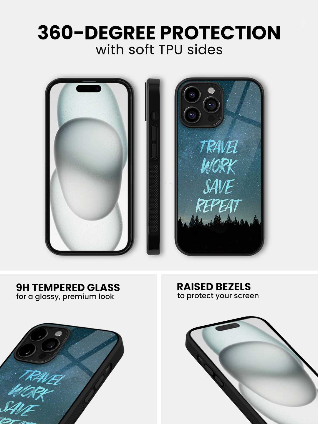 Travel Work Save Repeat - iPhone 13 Pro Glass Cover