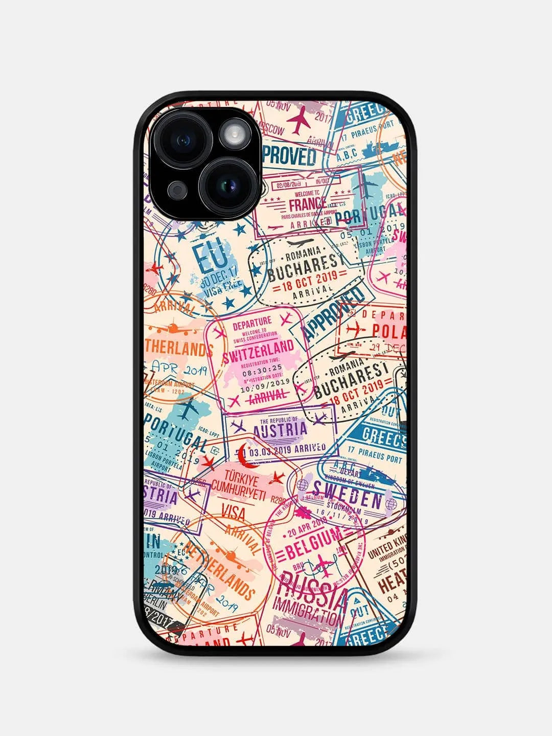 Immigration Stamps Beige - iPhone 15 Plus Cover - Glass