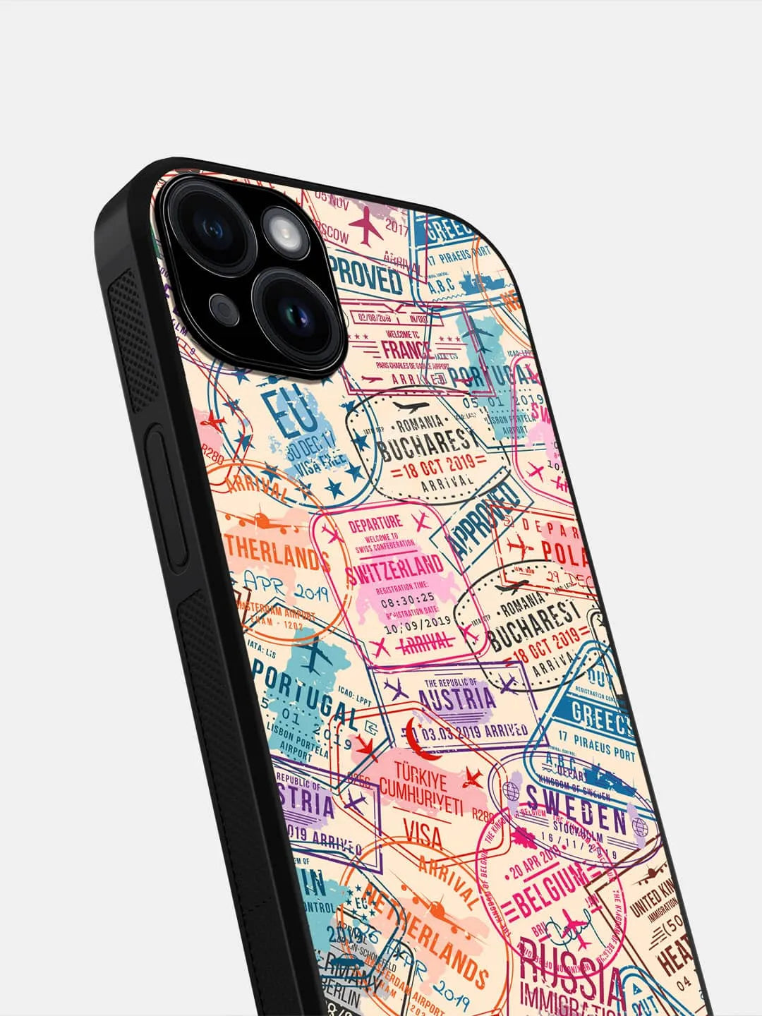 Immigration Stamps Beige - iPhone 15 Plus Cover - Glass