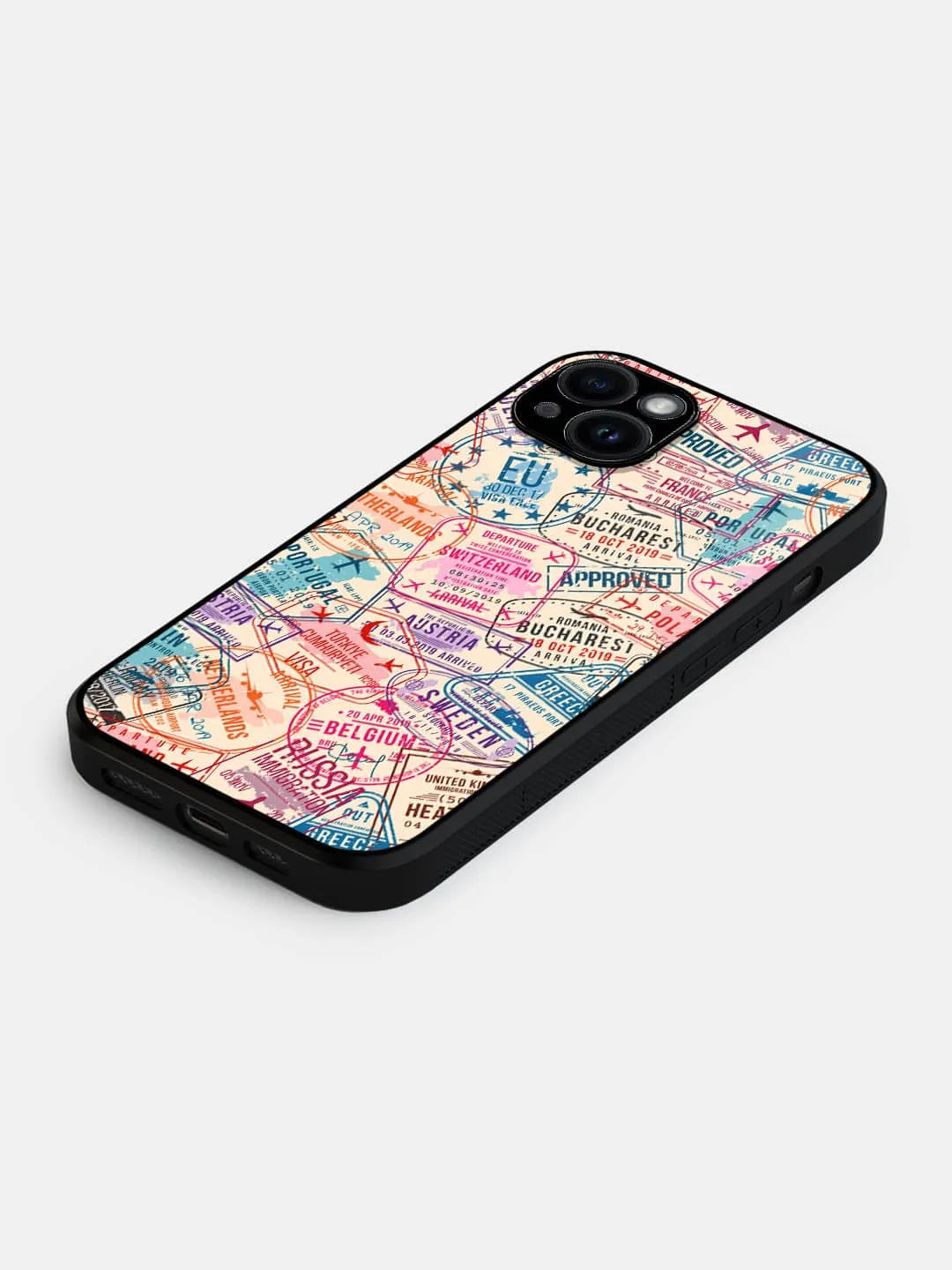 Immigration Stamps Beige - iPhone 15 Plus Cover - Glass