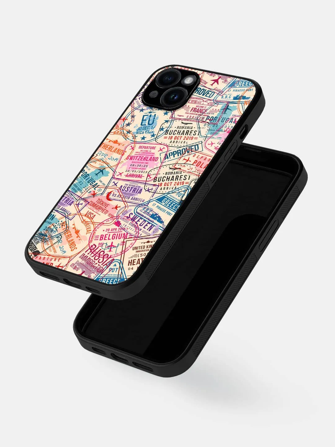 Immigration Stamps Beige - iPhone 15 Plus Cover - Glass