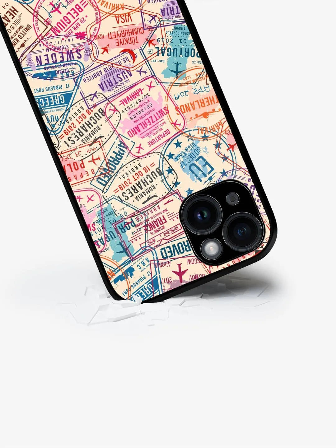 Immigration Stamps Beige - iPhone 15 Plus Cover - Glass