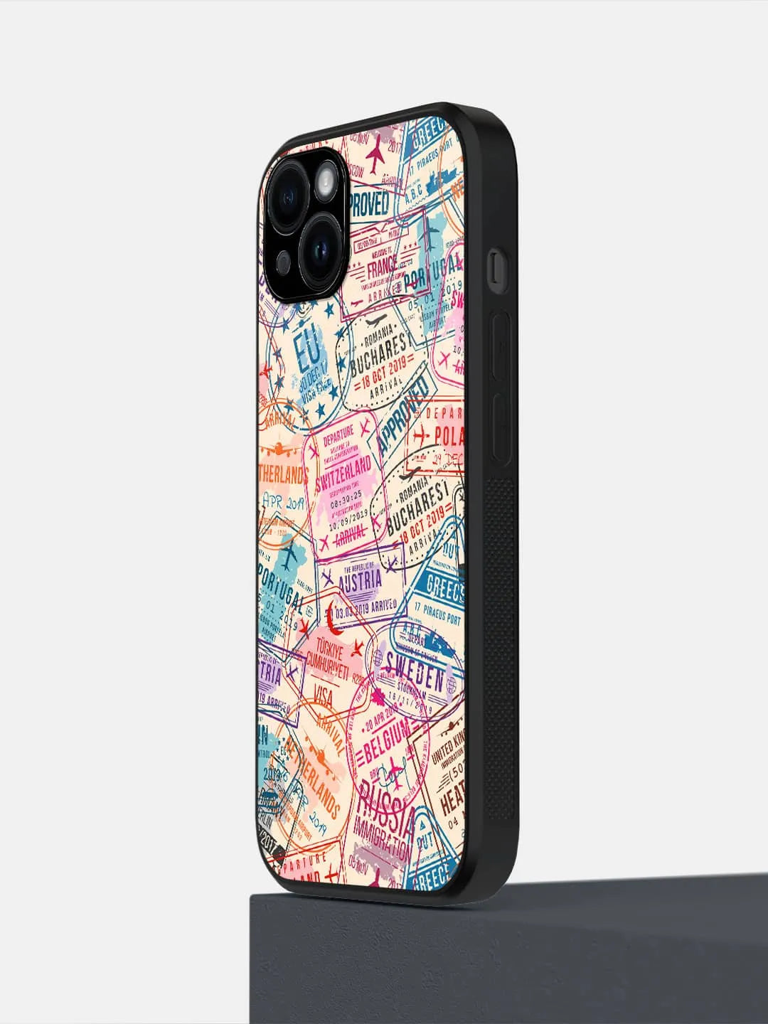 Immigration Stamps Beige - iPhone 15 Plus Cover - Glass