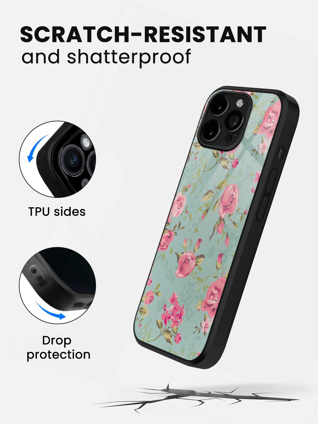 Teal Pink Flowers - iPhone 15 Pro Max Glass Cover