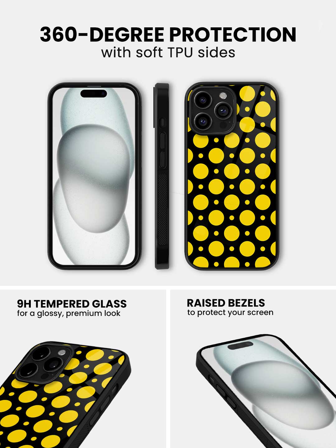 Polka Dot Black Yellow - iPhone 15 Pro Max Glass Cover