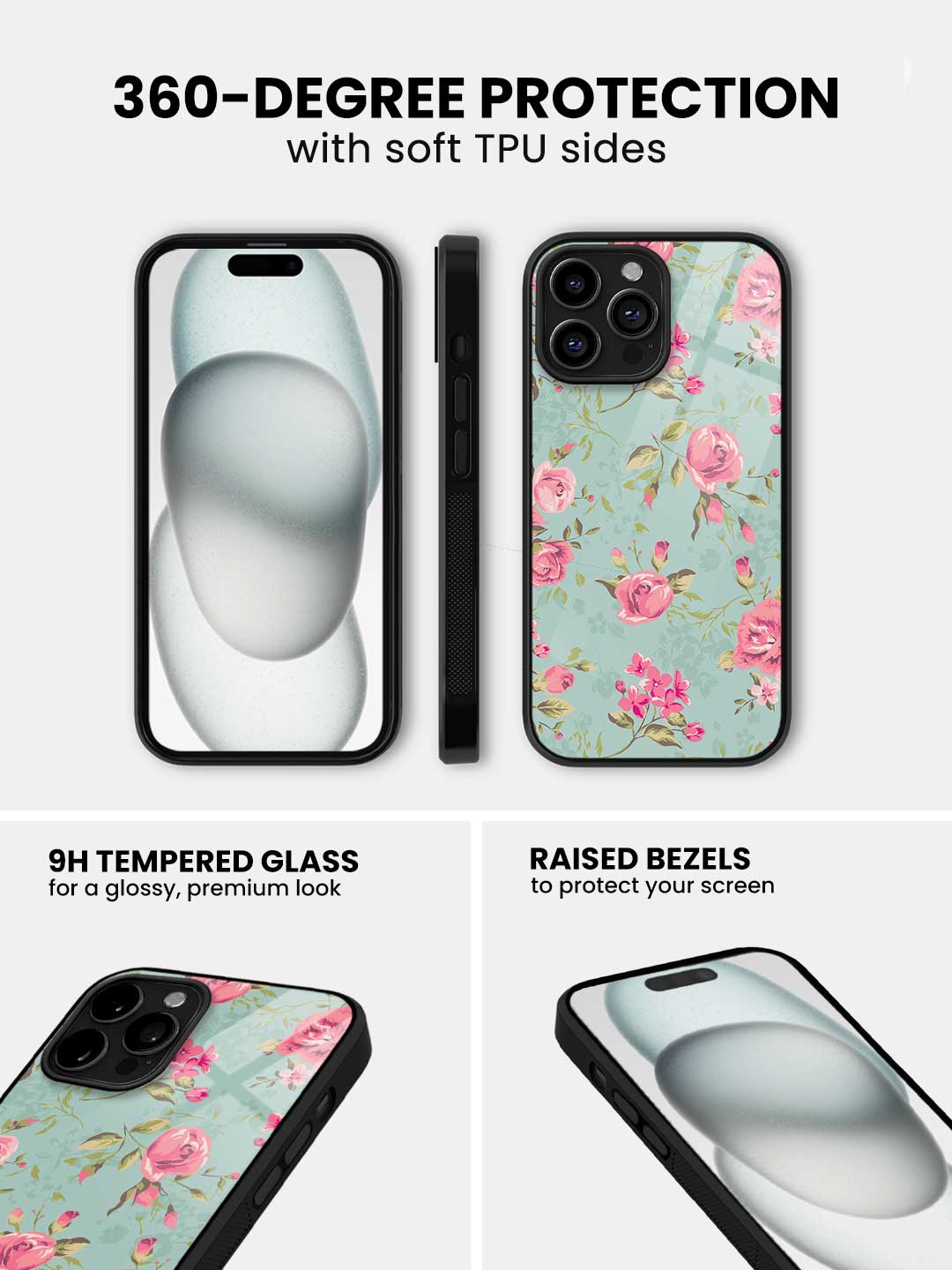 Teal Pink Flowers - iPhone 15 Pro Max Glass Cover