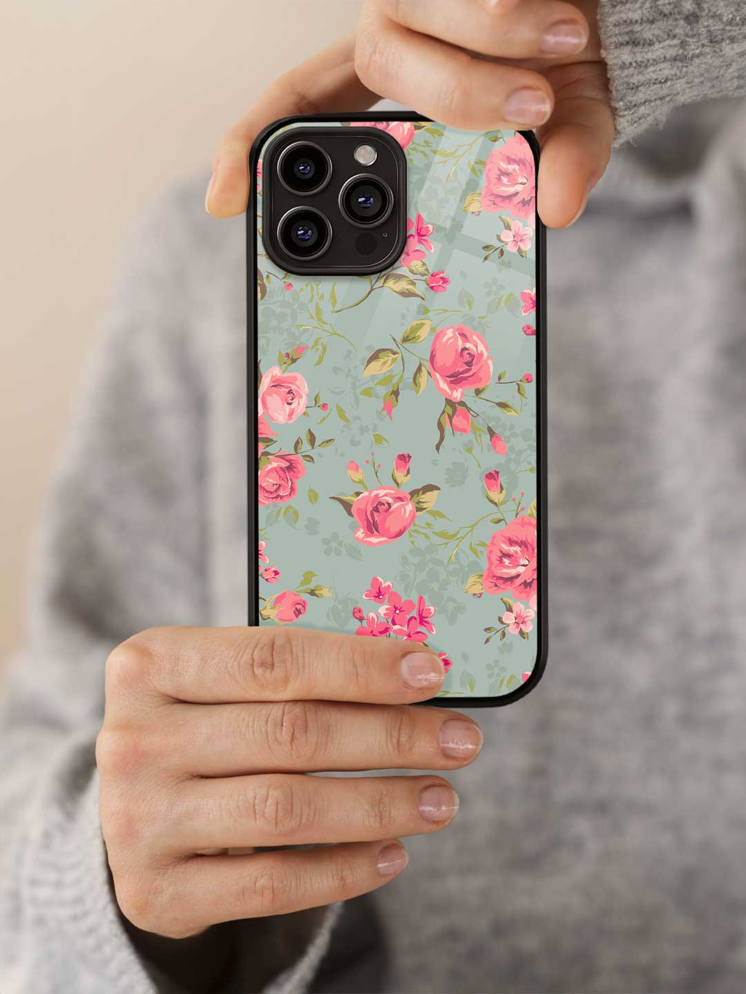 Teal Pink Flowers - iPhone 15 Pro Max Glass Cover