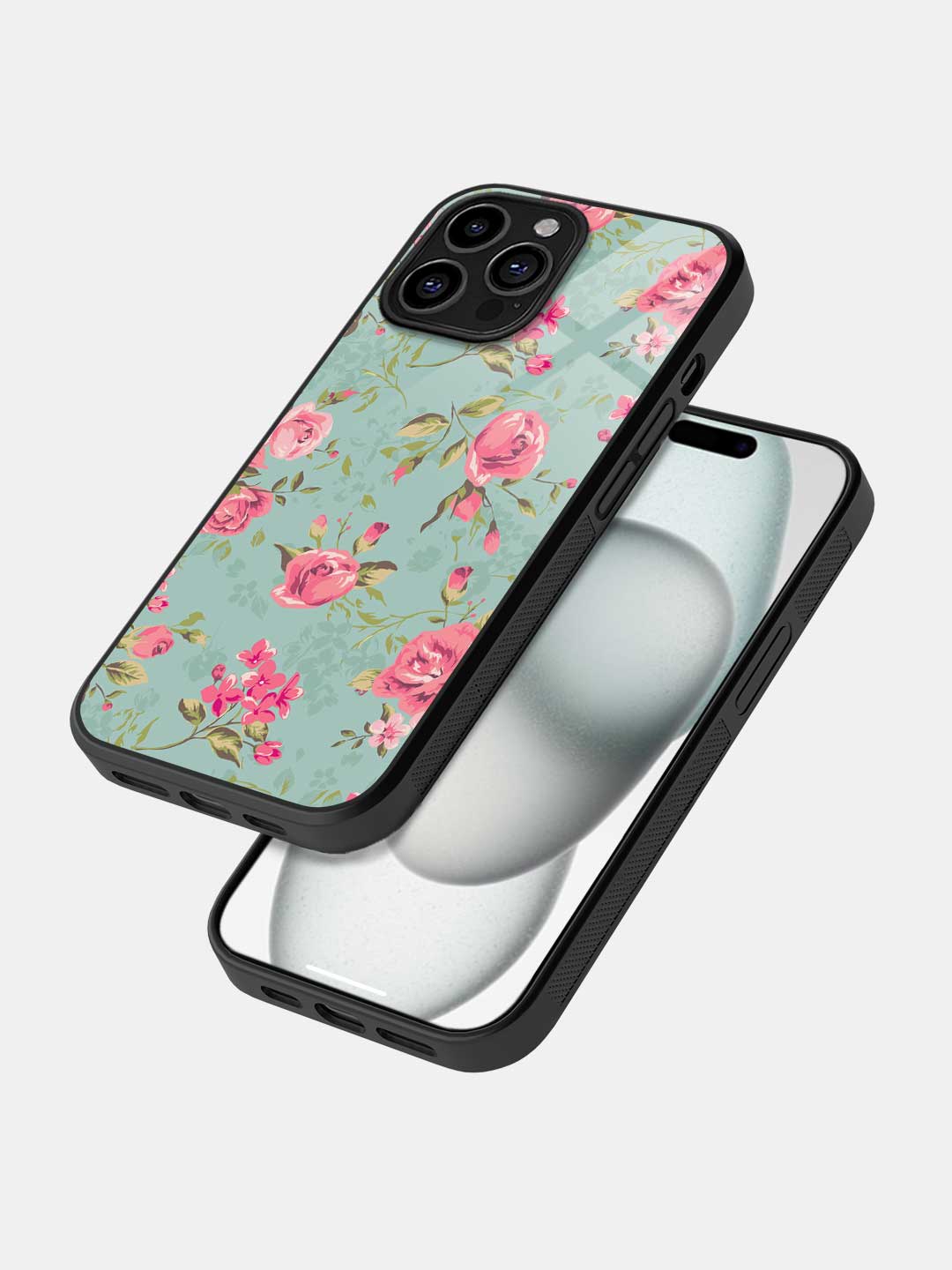 Teal Pink Flowers - iPhone 15 Pro Max Glass Cover