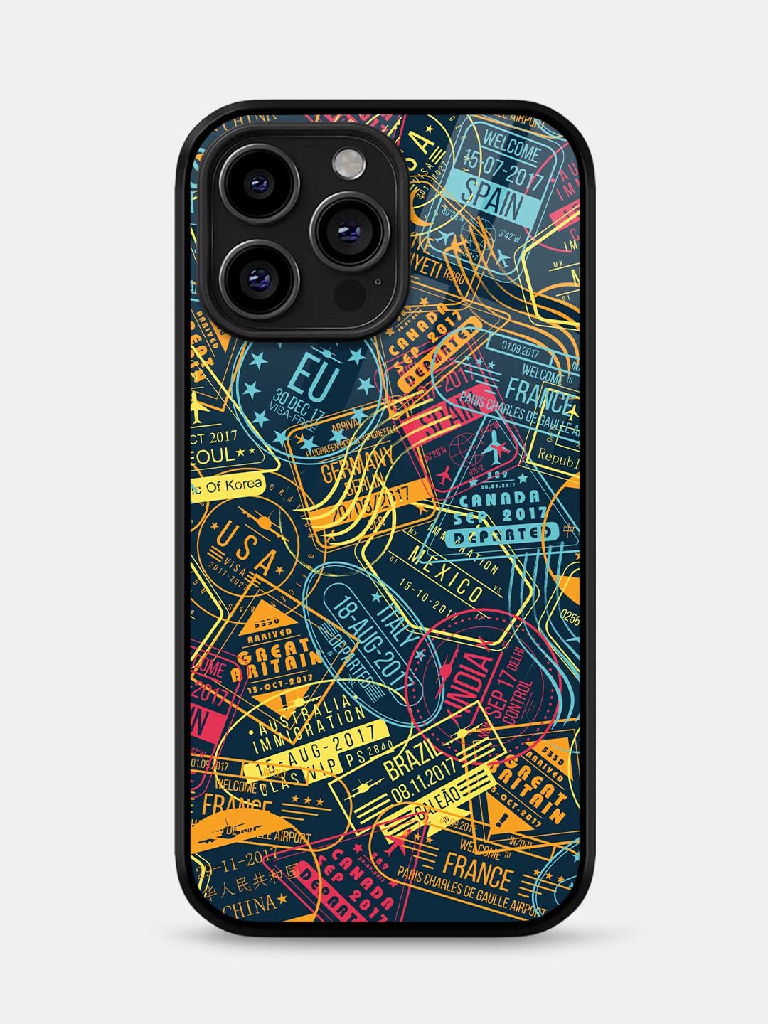 Immigration Stamps Neon - iPhone 14 Pro Glass Cover