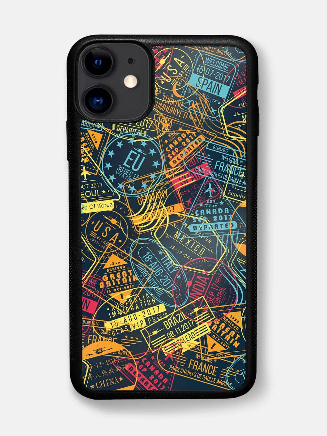 Immigration Stamps Neon - iPhone 11 Cover