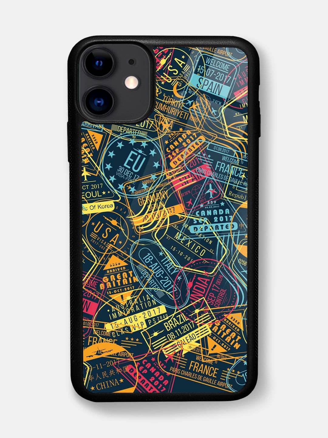 Immigration Stamps Neon - iPhone 11 Glass Cover