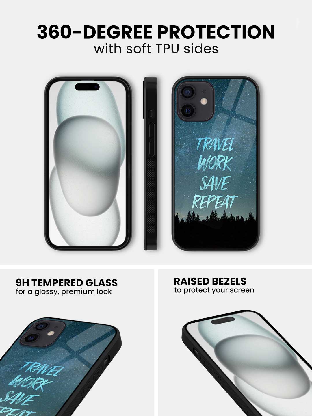 Travel Work Save Repeat - iPhone 12 Glass Cover