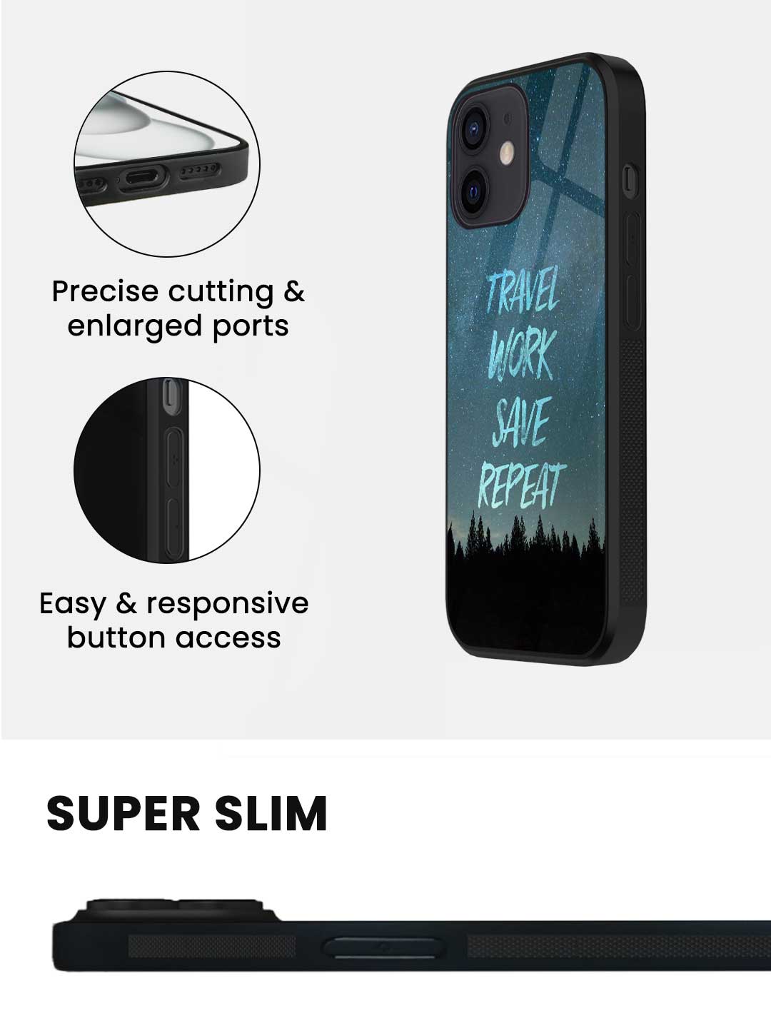 Travel Work Save Repeat - iPhone 12 Glass Cover