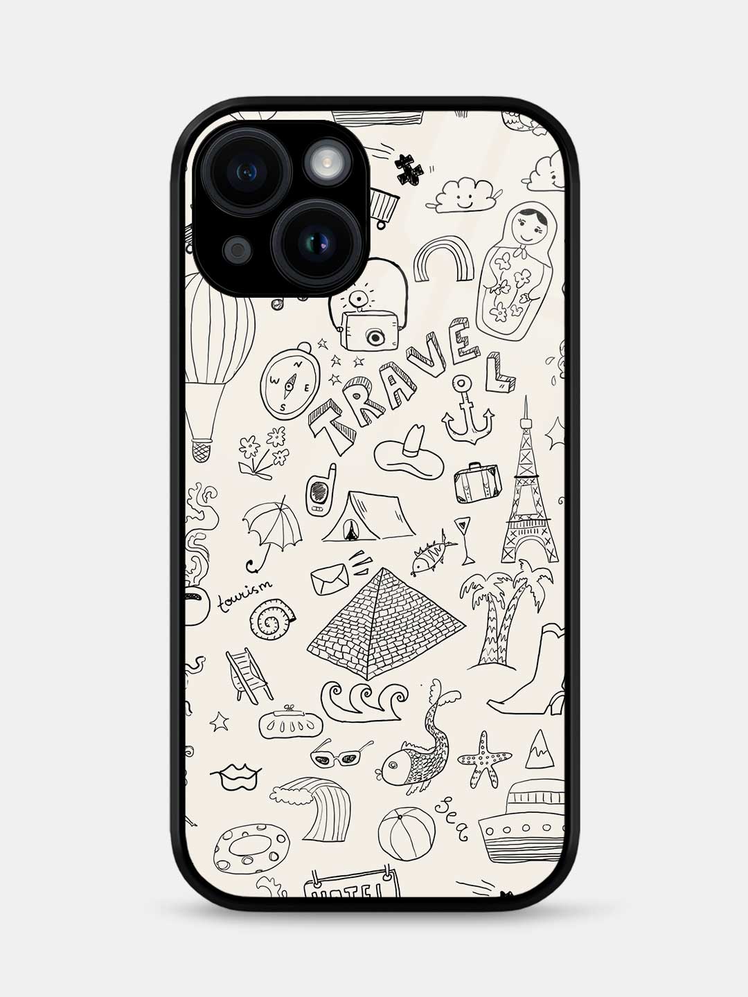 Travel Doodle White - iPhone 15 Glass Cover