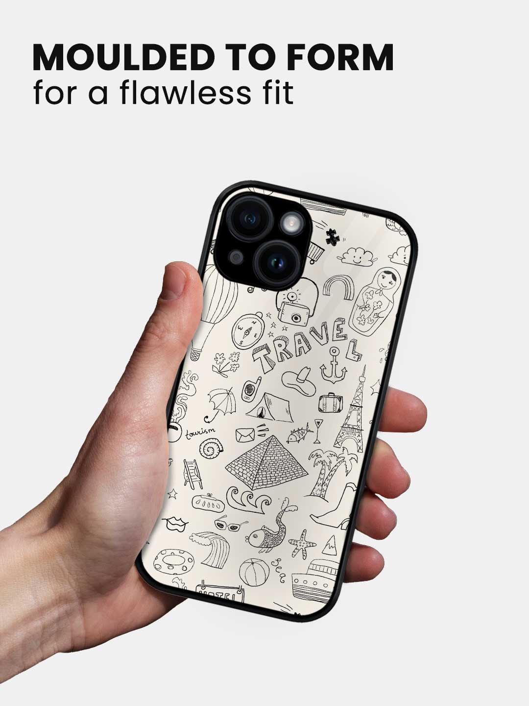 Travel Doodle White - iPhone 15 Glass Cover