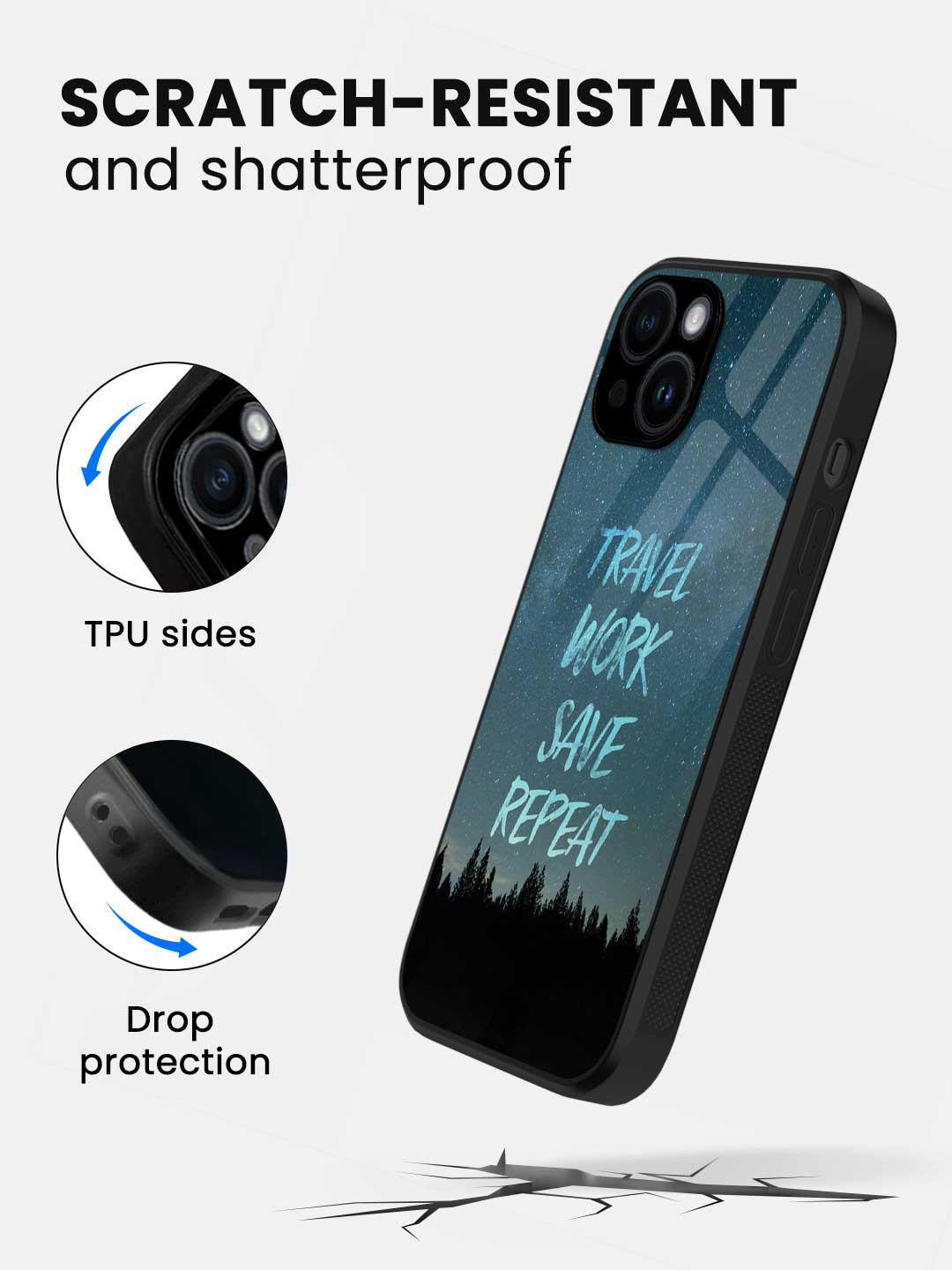 Travel Work Save Repeat - iPhone 14 Glass Cover