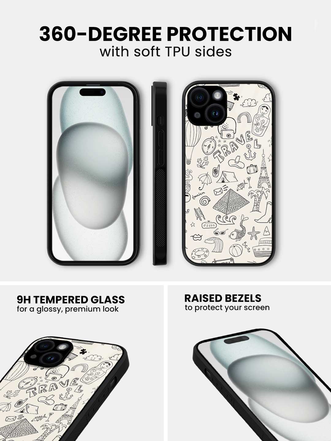 Travel Doodle White - iPhone 15 Glass Cover