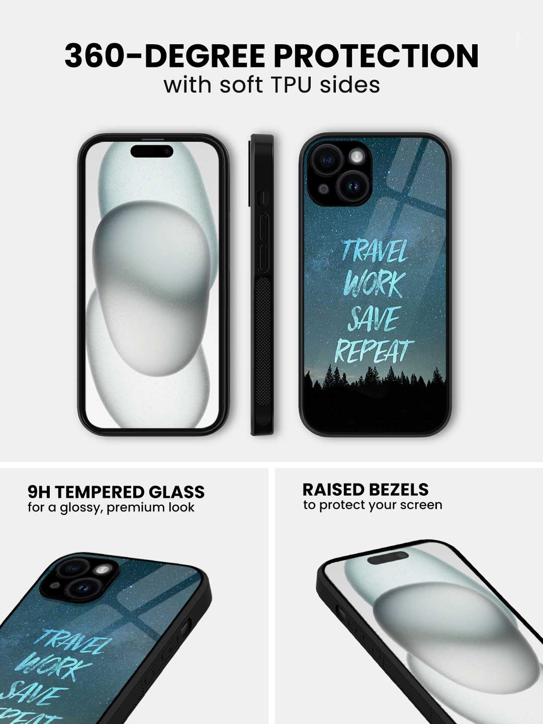 Travel Work Save Repeat - iPhone 14 Glass Cover